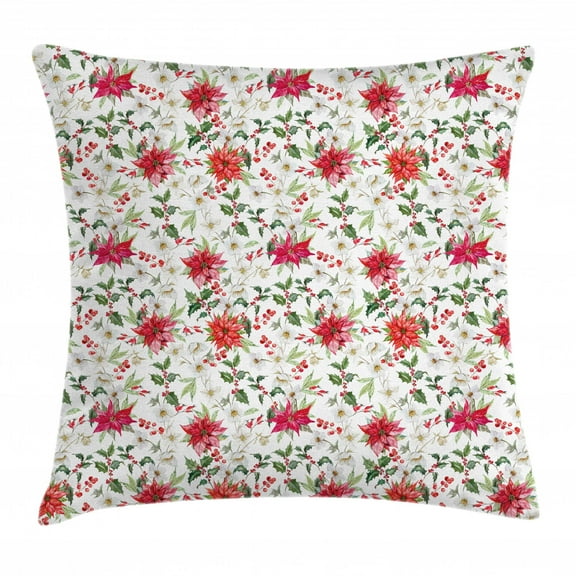 Watercolor Throw Pillow Cushion Cover, Fresh Poinsettia Flowers and Rowan Berry Branches Christmas Garden, Decorative Square Accent Pillow Case, 20 X 20 Inches, Vermilion Green Magenta, by Ambesonne