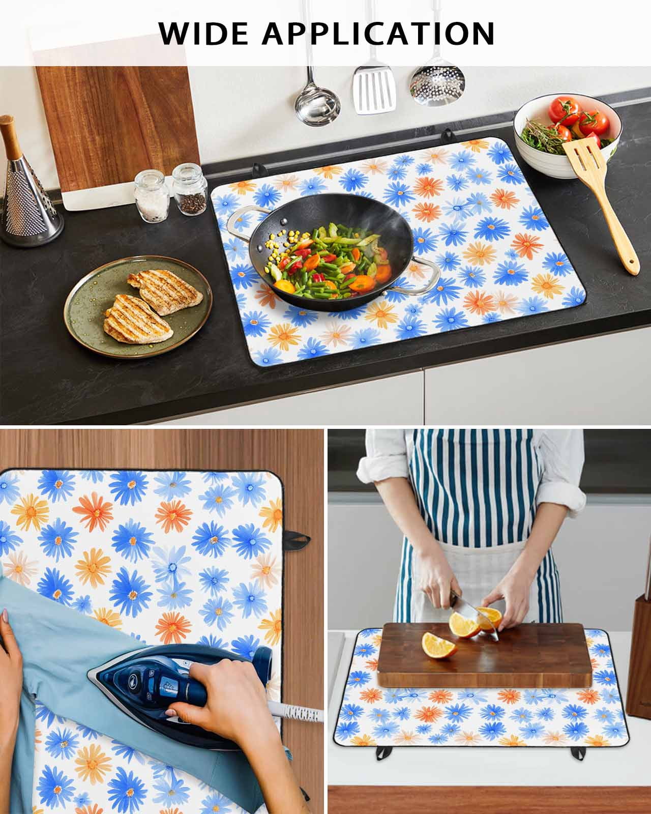nqOlkjepod Large Induction Cooktop Protector Mat 36"x21", Blue Flower Stove Top Covers for Electric Stove, Cartoon Daisy Garden Florals Watercolor Stove Burner Cover Mats, Glass Top Stove Cover