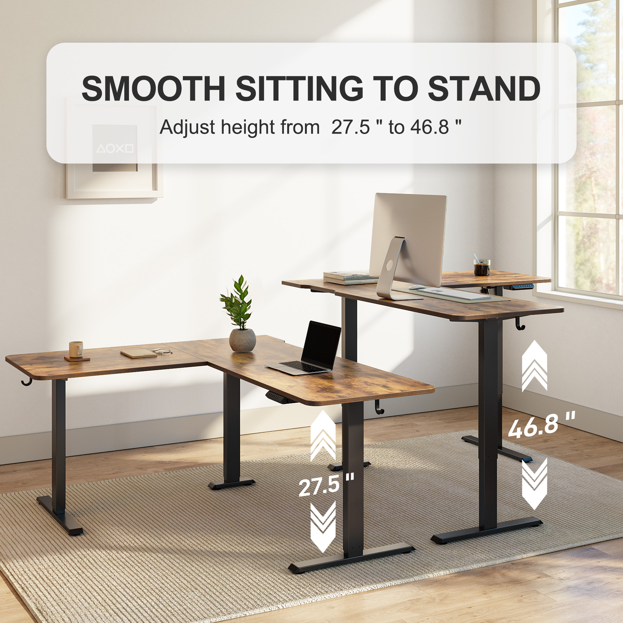 DESINO L-Shaped Standing Desk Adjustable Height, 63 Inch Electric Stand up Corner Computer Desk, Sit Stand Home Office Desk with Splice Board, Rustic Brown