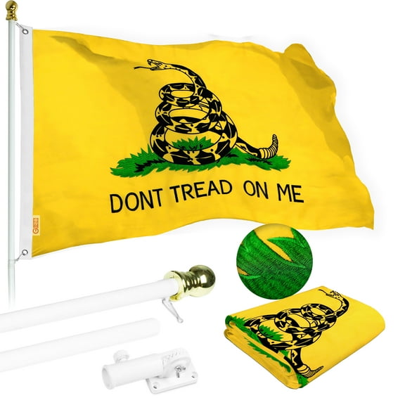 G128 Flag Pole 5 FT White Tangle Free & Gadsden Flag 2x3 FT Combo Embroidered Spun Polyester