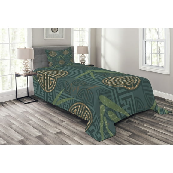 Ambesonne Folk Art Quilted Bedspread Set 2 Pcs, Eastern Ethnic Forms Motif, Twin Size, Ivory Teal and Tan