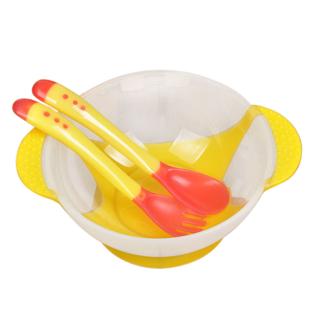 Yellow Set Casing Temperature Sensing Baby Toddler Feeding Weaning Spoon Cutlery 