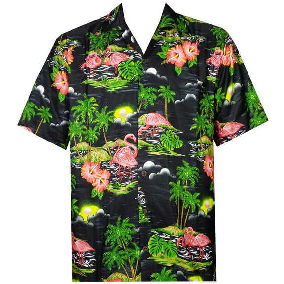 Hawaiian Shirt 48 Mens Scenic Flamingo Beach Aloha Casual Holiday Black S