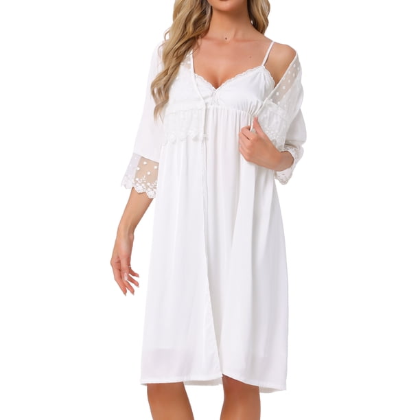 Camisón de satén sedoso para mujer INSPIRE CHIC y conjunto de bata de encaje de manga 3/4 de 2 piezas Pijamas XS Blanco