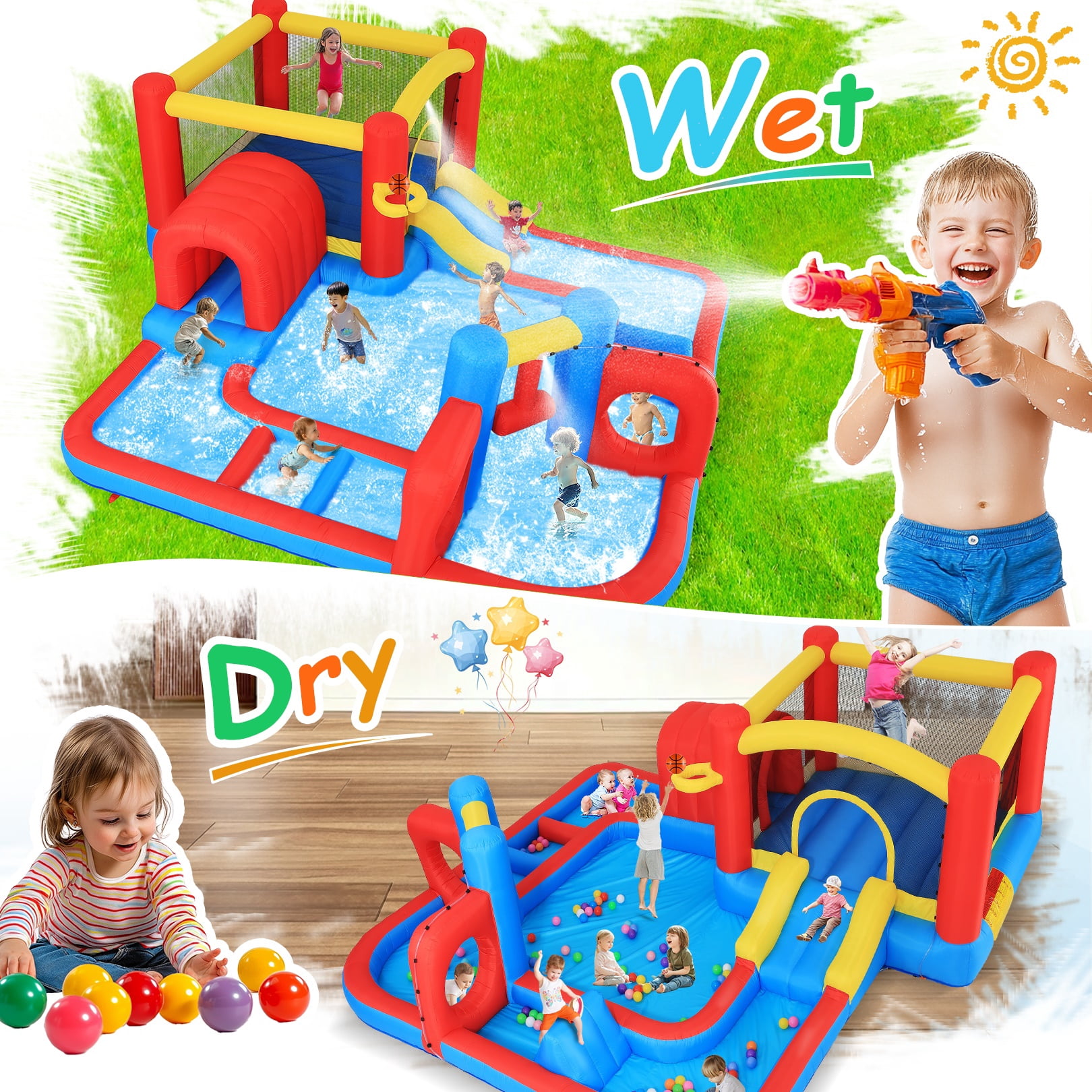 Funcid Bounce House 14.3x14.3FT, 10-in-1 Inflatable Obstacle Course, Jump Area, Ball Pit, Tunnel, Wet & Dry Use, With 520W Blower