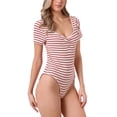 thumbnail image 4 of INSPIRE CHIC Stripe Bodysuits for Women's Sweetheart Neck Short Sleeve Ruched Body Suit Tops XL Red, 4 of 6