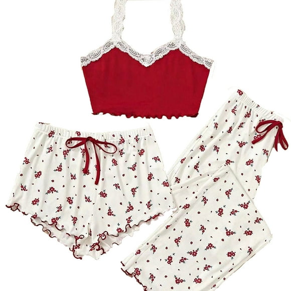 Women Pajama Set Sleepwear Lace Trim Short PJ Set With Shorts Pajama Pants Cute Three Piece Set Lace Garter Set for Bride