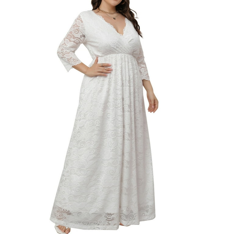 Fanxing White Wedding Dresses for Bride Plus Size Wedding Guest Dresses for  Women Elegant Lace V Neck Maxi Long Dresses White,XXXL - Walmart.com