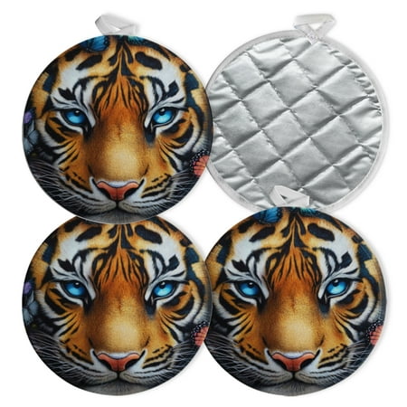

4 PCS Pot Holders for Kitchen Potholders Sets with Hook for Oven Cooking Baking Colorful Tiger Face With Blue Eyes Surrounded By Colorful Butterflies