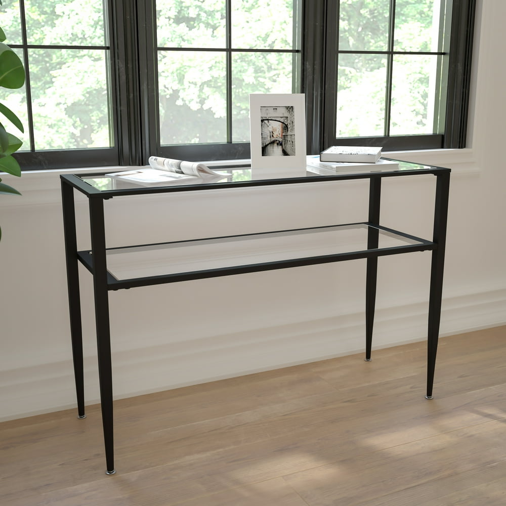 Flash Furniture Glass Console Table with Shelves and Black Metal Frame