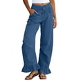 thumbnail image 2 of Oiangi Womens Wide Leg Pants Elastic Waist Cotton Linen Trousers Ruffled Hem Smocked Pant with Pockets Navy XL, 2 of 5