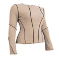 thumbnail image 2 of Women Fashion Wild T-Shirts Patchwork Knitted Ribbed  Neck Flare Long Sleeve Shirts Spring Autumn Slim Fit Tops, 2 of 4