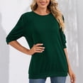 thumbnail image 3 of Blusa informal de Color puro con cuello redondo y manga abombada de longitud media para mujer, color verde oscuro XXL, 3 of 6