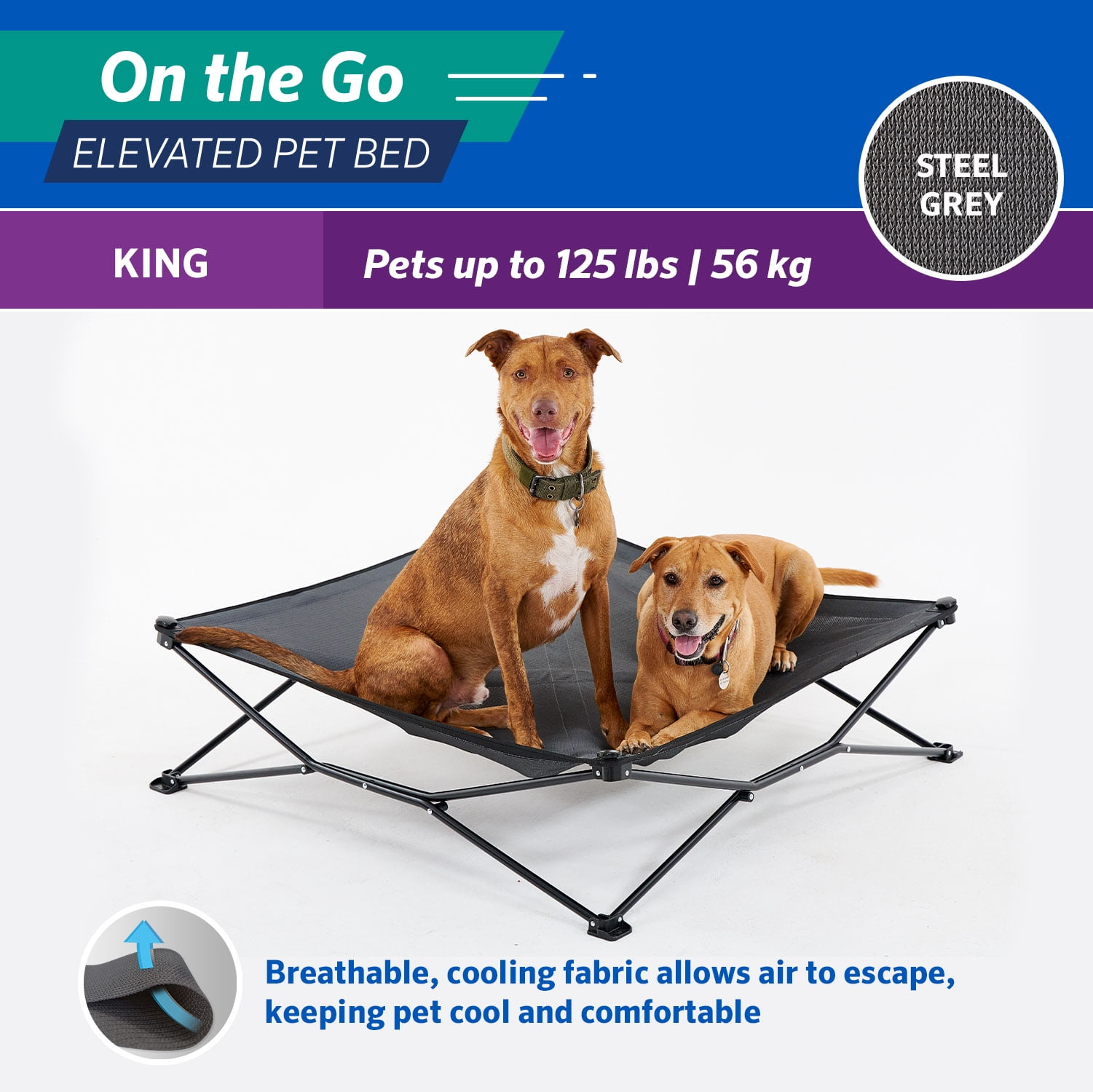 Coolaroo on the go elevated travel Dog bed, King, Steel Gray