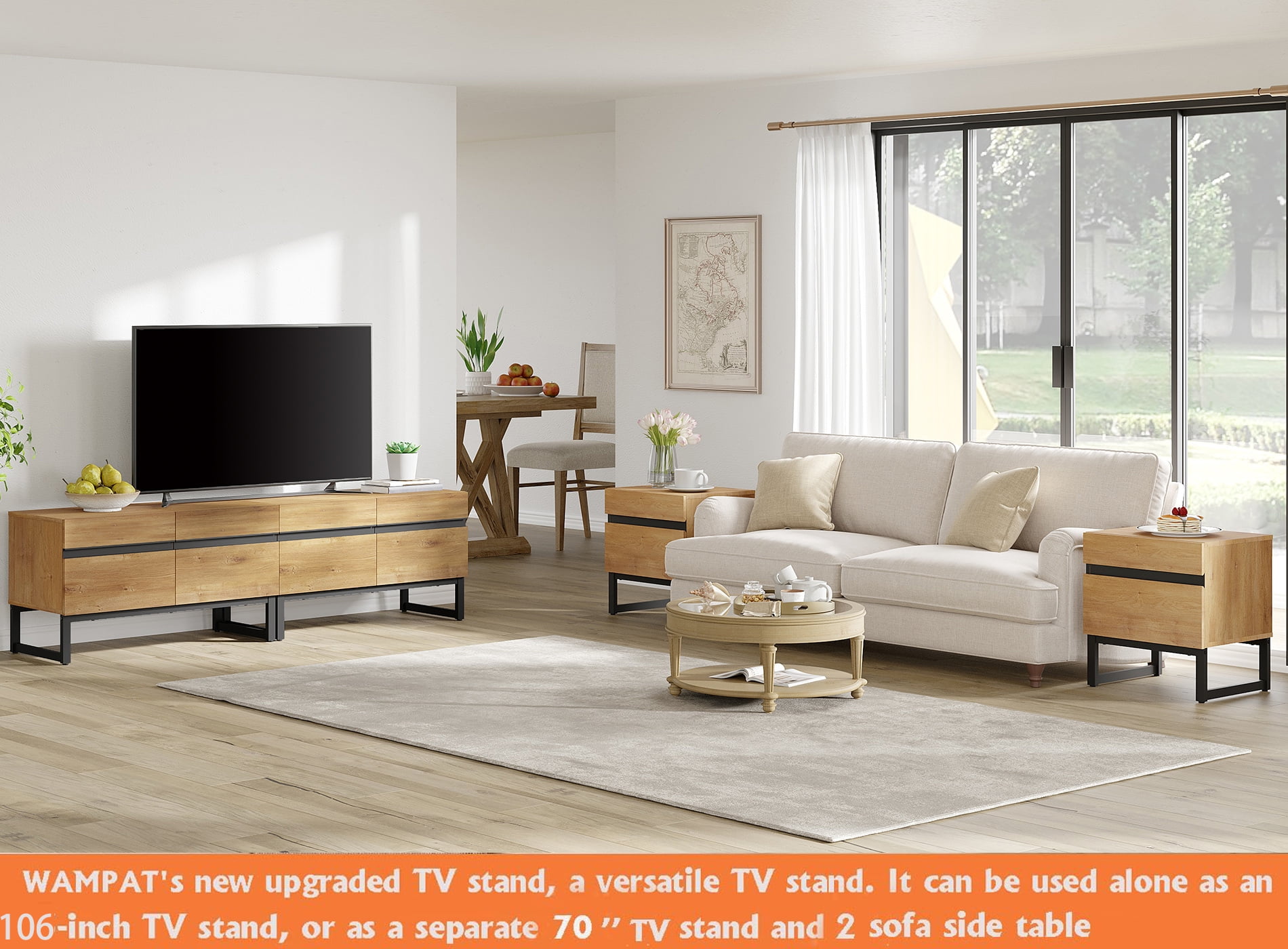 WAMPAT Modern TV Stand, 4-in-1 Entertainment Center with Storage Cabinets & Metal Base, 106" Oak, Fits TVs Up to 110"
