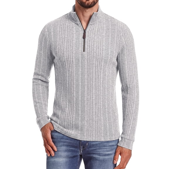 JWD Men Zip Mock Neck Ribbed Long Sleeve Shirts Stretch Fitted Knit Pullover Light Gray L