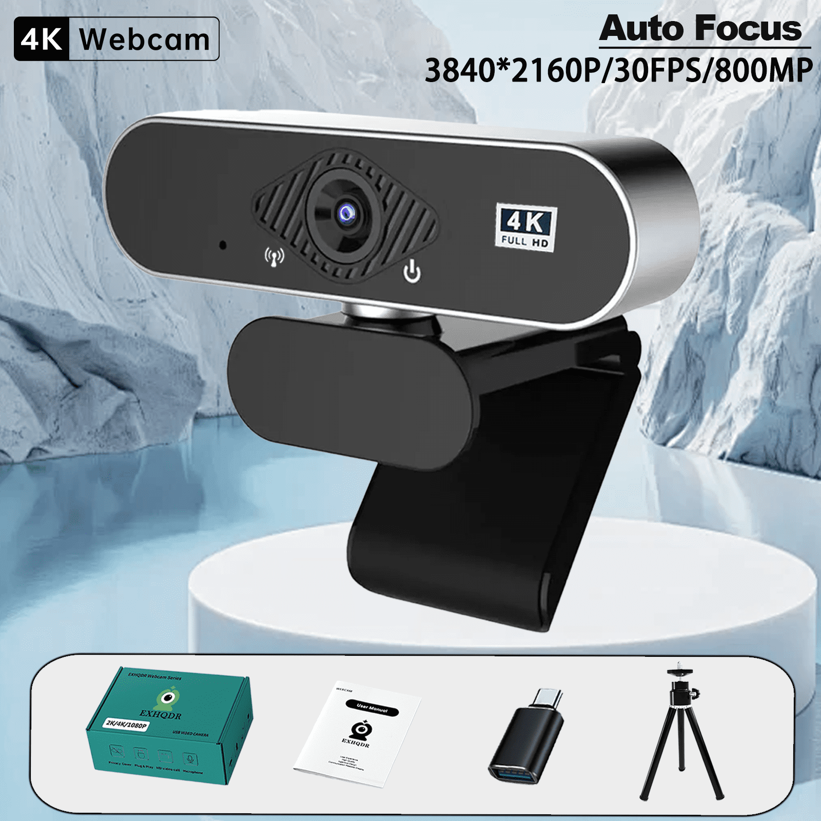 4K USB Webcam Auto  8MP 30FPS,  & Play with Type-C Adapter & Tripod for Streaming, Video Calls, Content Creation
