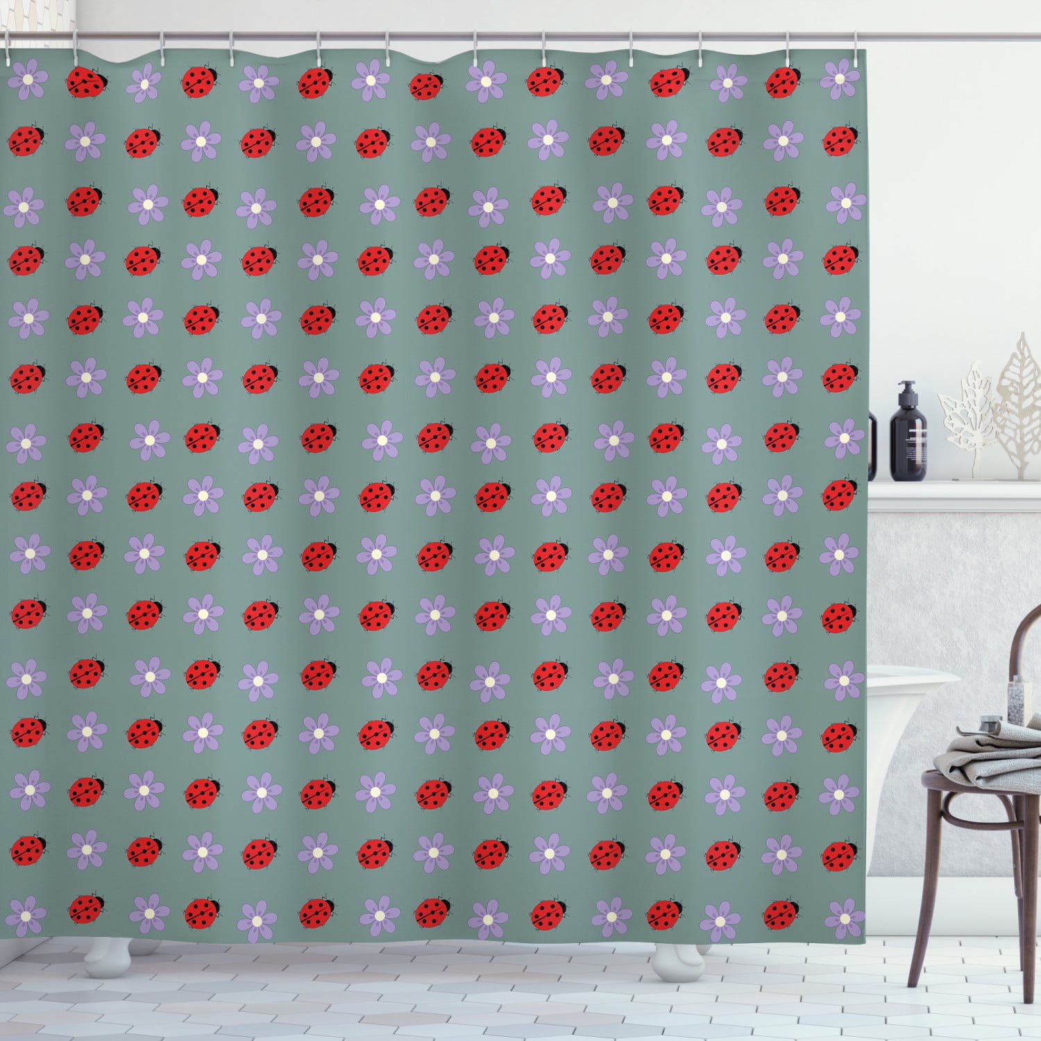 Ladybugs Shower Curtain, Bugs and Flower Pattern Flora and Fauna Design