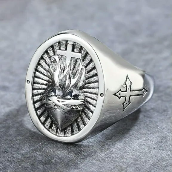 QQTDFG Men Silver Stainless Steel Cross Heart Ring Band Punk Jewelry Gift Size 7-12-12