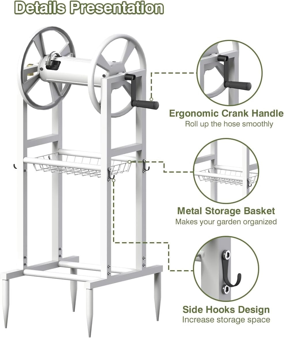 Freestanding Garden Hose Reel holds 125ft Hose of 5/8" with 4 Hooks, 4-Spike Outdoor Hose Holder with 3.9ft Leader Hose & Brass Fitting, Detachable Metal Hose Stand with Storage Rack, White
