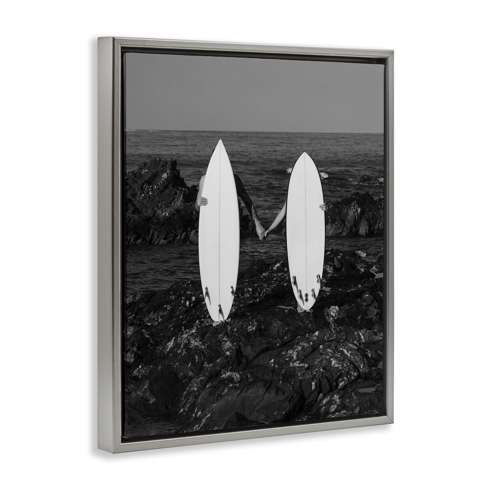 Stupell Industries Romantic Surfer Couple Sports Photography Gray Floater Framed Canvas Art Print Wall Art, 25 x 31