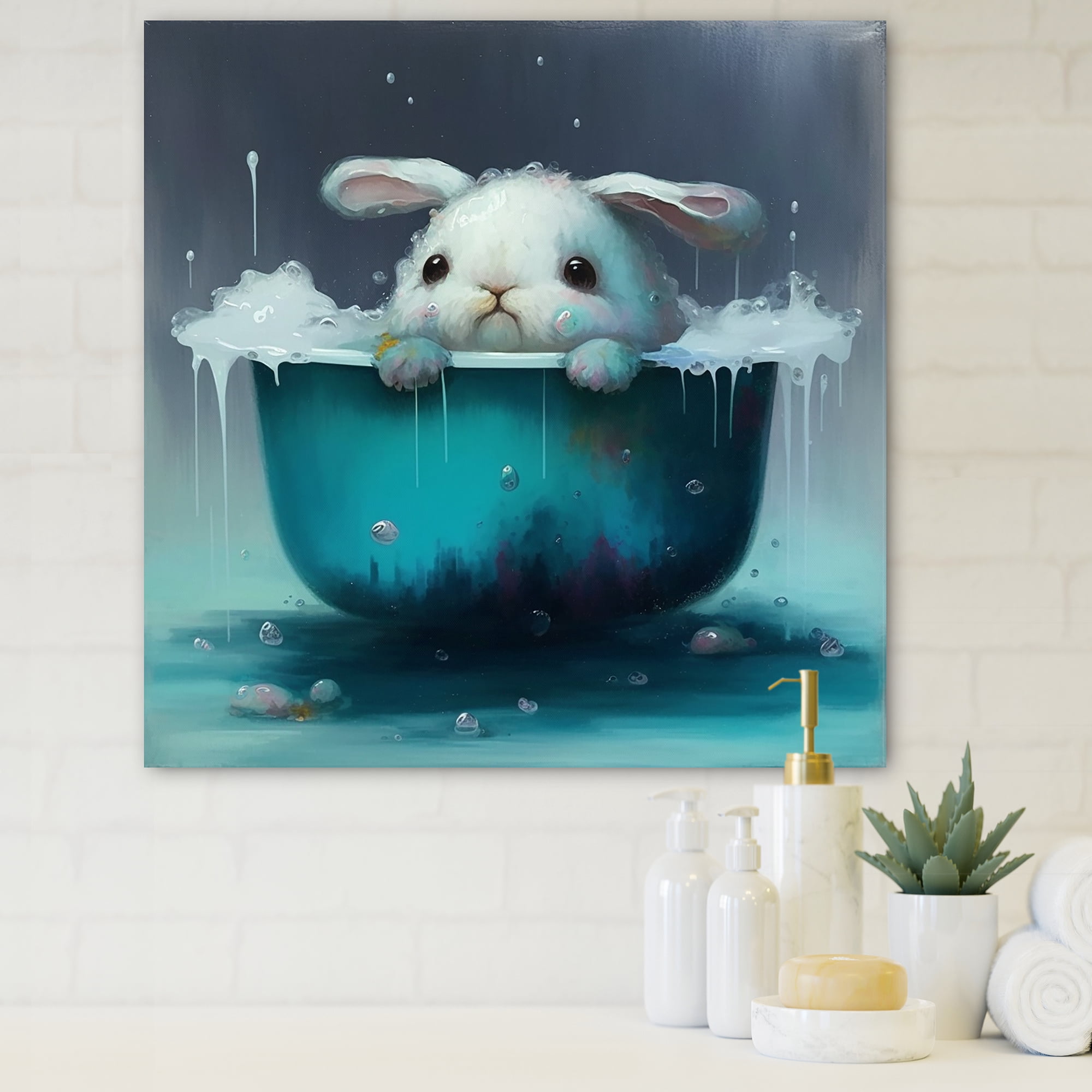 Designart Silly Blue Bunny Sitting On The Toilet Canvas Wall Art