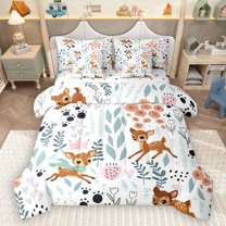 Homewish Kawaii Brown Deer 7 Pieces Bedding Comforter Set for Child Boys Girls,Chic Floral Flower Full Bedding Set Lightweight,Cartoon Animal Fitted Sheet Flat Sheet,Super Cozy Room Decor,Reversible