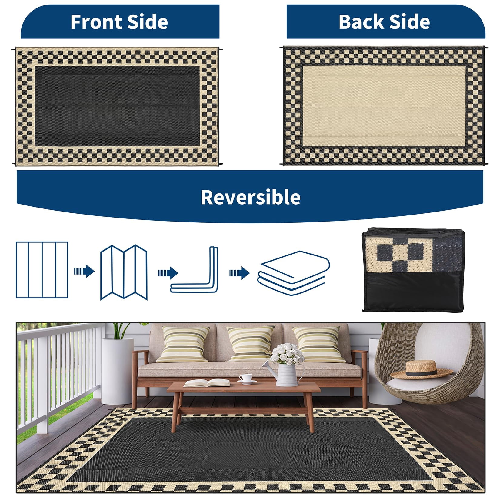 Outdoor Rug, Waterproof Reversible Patio Rug, Extra Large Plastic Straw Area Rug for Camping, RV, Backyard