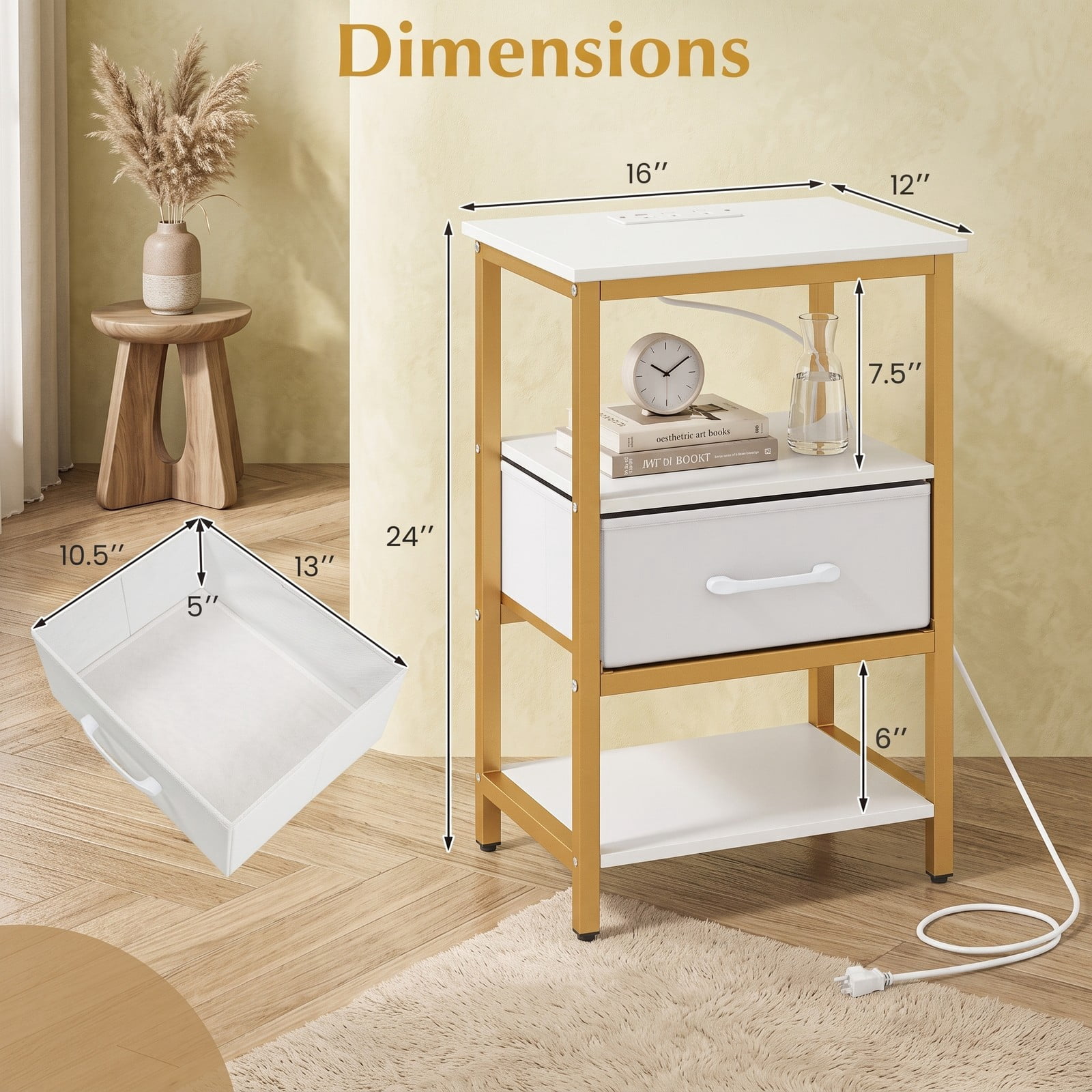 Furnibear Nightstand with Charging Station and Foldable Fabric Drawer and Open Shelves for Bedroom and Living Room, Bedside Table, White and Gold