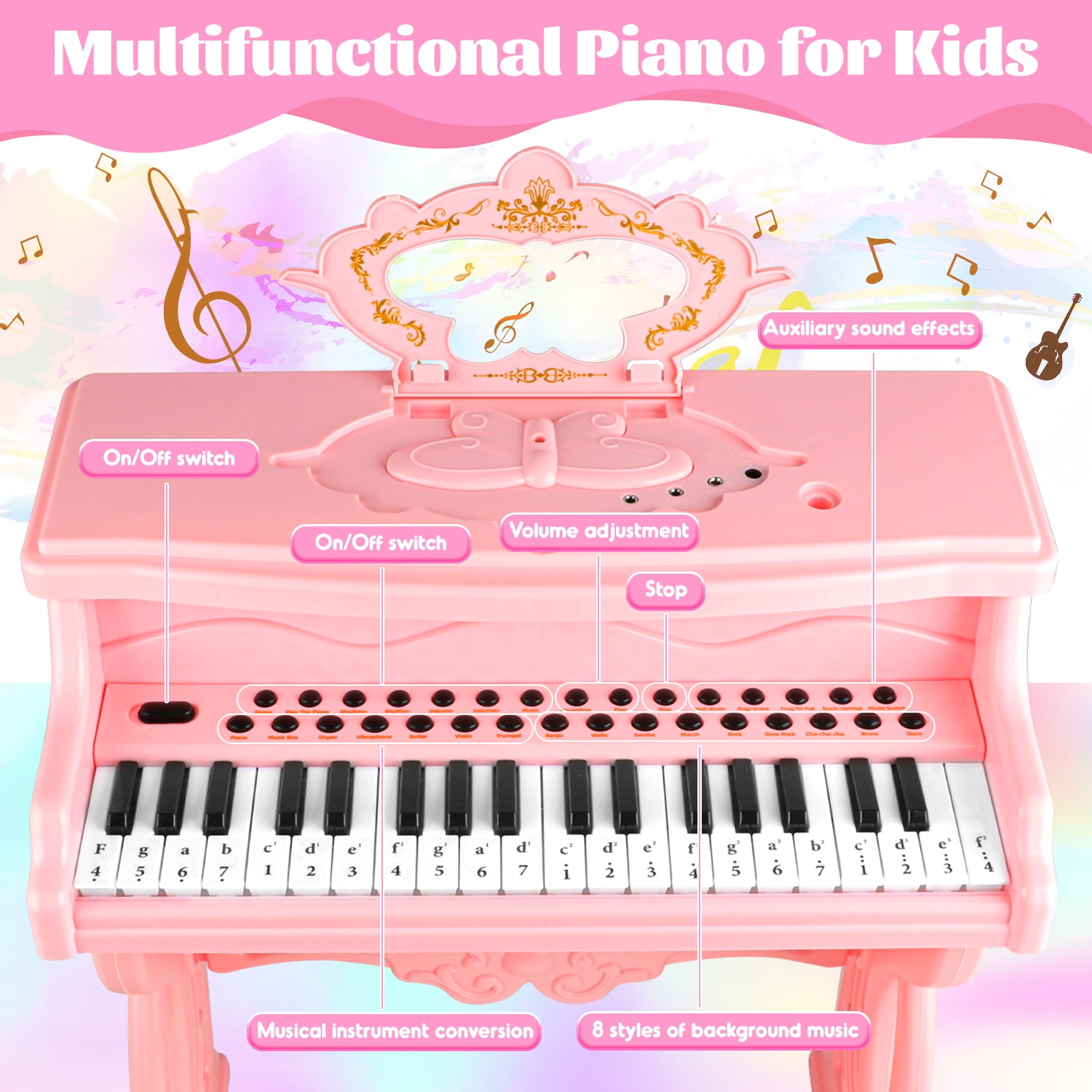 Beefunni Kids Electronic Musical Instrument Piano Learning Toy Keyboard w/Multiple Sounds, Lights, Microphone, Stool, Birthday Gift for Girls 3 4 5 6 Years Old-Pink