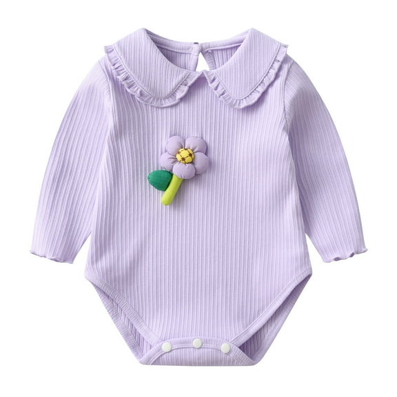 Floral Bodysuit Baby Girls Long Sleeve Doll Collar Jumpsuit Cute Newborn Spring Outfits Ribbed Cotton Rompers Onesies, Purple, 3 Months