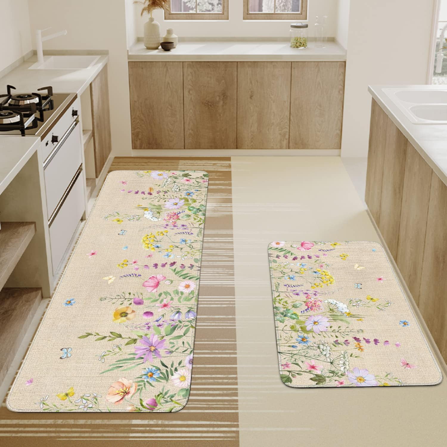 Spring Summer Farmhouse Kitchen Rugs and Mats Set of 2,Watercolor Flower Floral Kitchen Mat,Non Slip Washable Kitchen Floor Sink Mats Decorations for Home Kitchen 18"x48"+18"x30"