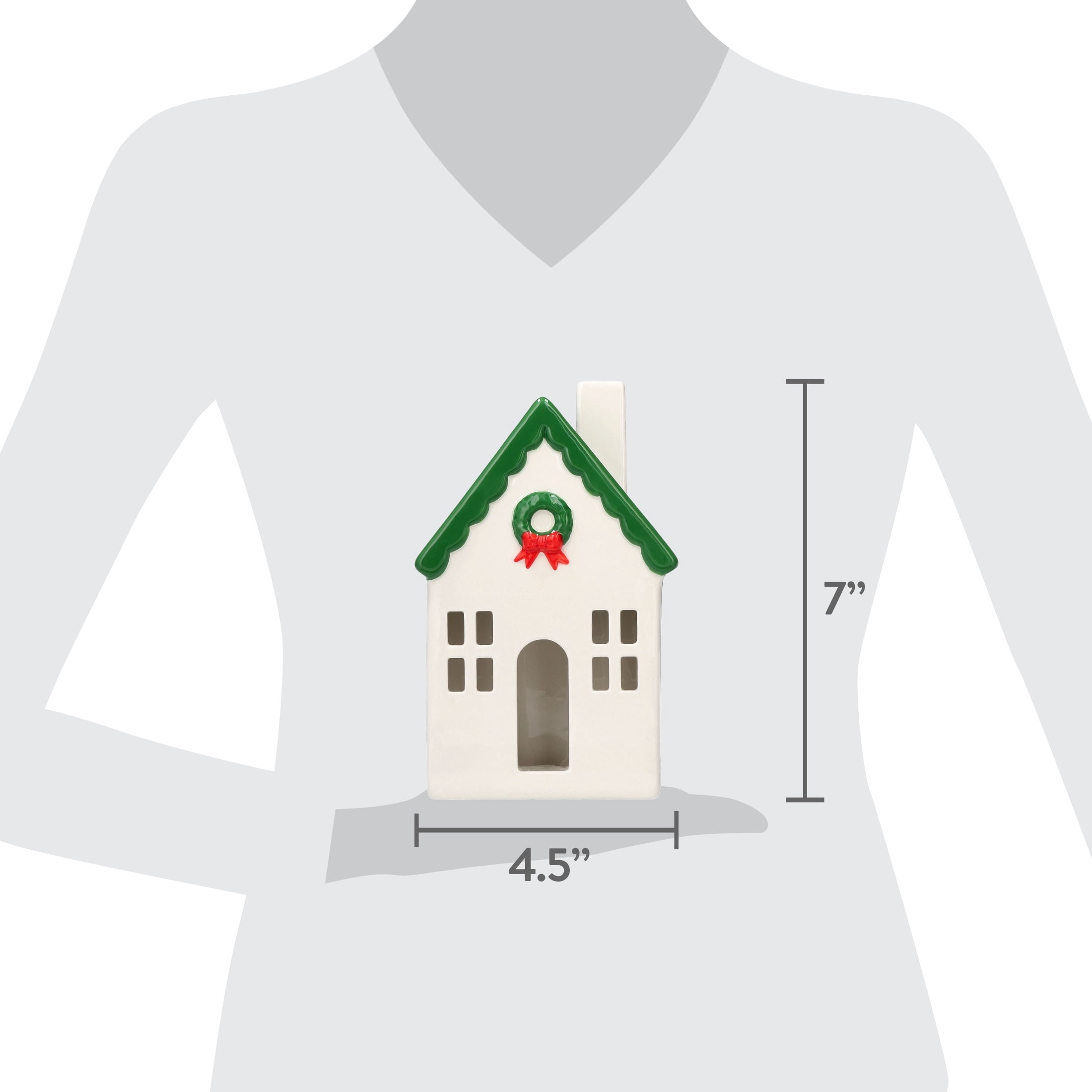 Ceramic House with Wreath Christmas Decoration, Red/White/Green, 7", by Holiday Time