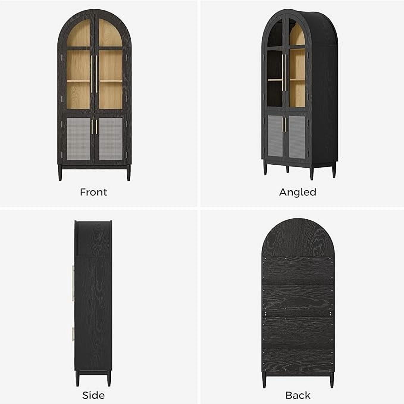 MAYEERTY 71"H Arched Accent Cabinet, Wood Kitchen Pantry Cabinets with Glass Rattan Door and Adjustable Shelf for Living Room, Dining Room, Black