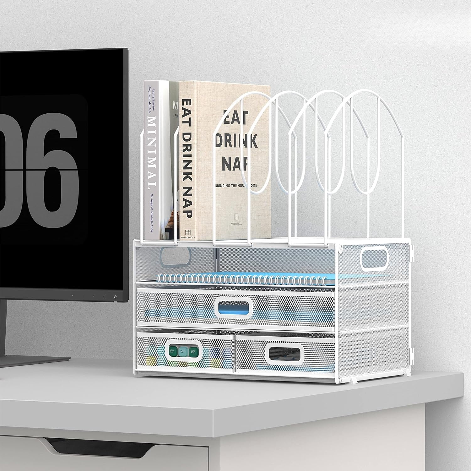 INTIGE 3 Tier Metal Desk Organizer with 3 Sliding Drawers, 5 Upright Sections, File Organizer, White