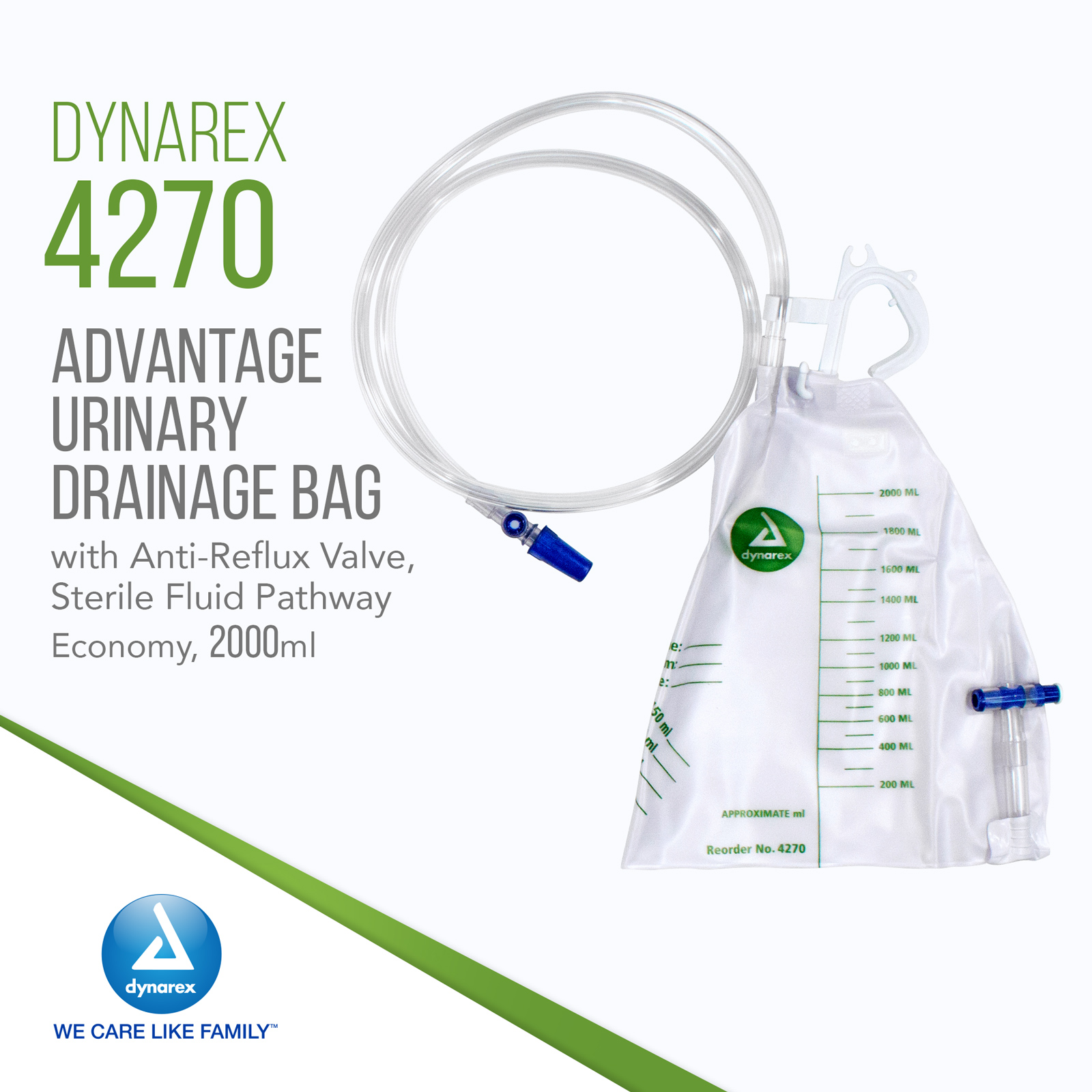 Dynarex Advantage Urinary Drainage Bag, Teardrop-Shaped Urine Bags for Men & Women, Anti-Reflux Chamber, No-Needle Sample Port, Universal Hanger, Vinyl Urinary Bags with Markings, 2000ml, 20 Count