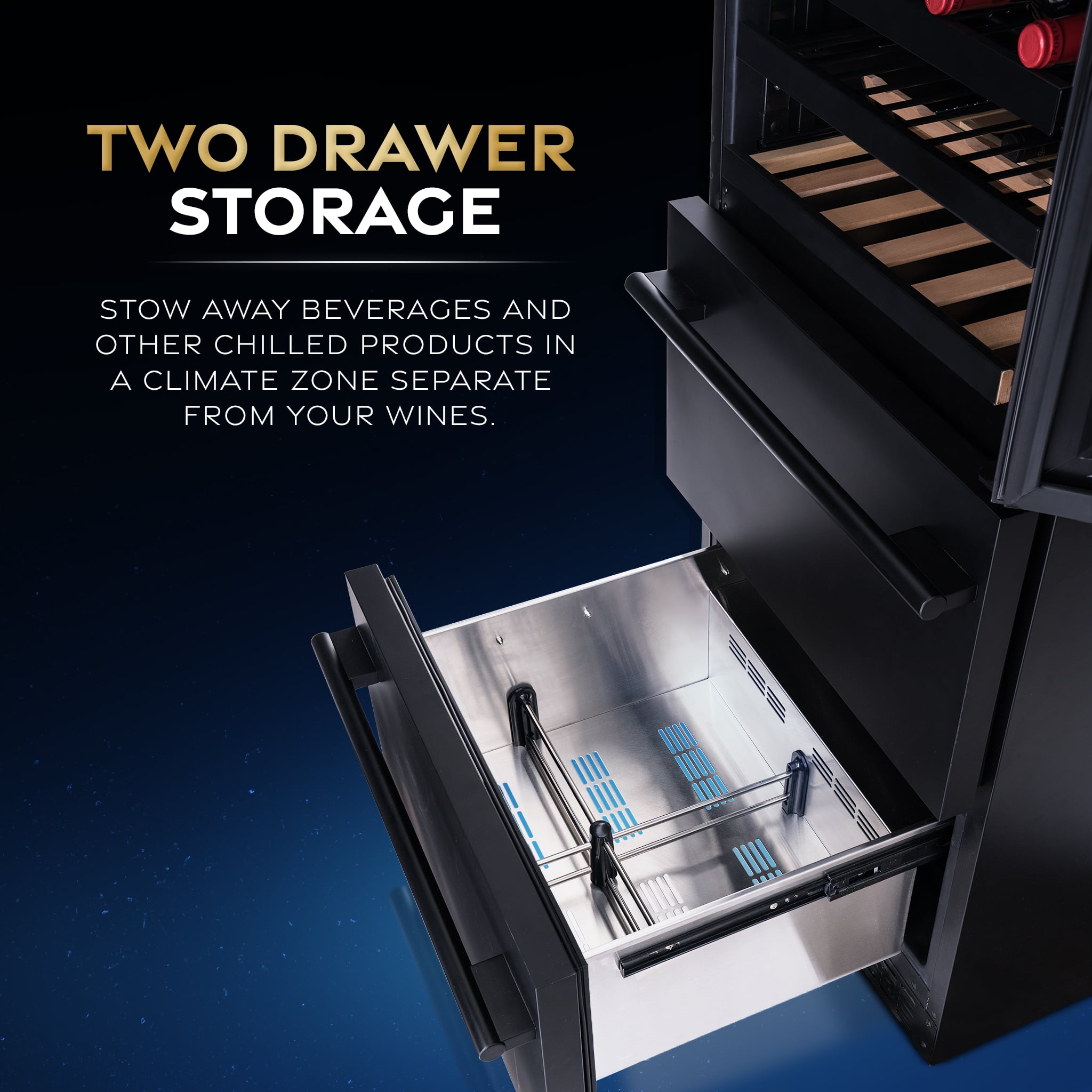ESTATE 24” Premium Dual Zone Wine Fridge and Beverage Center, Drawer Cabinets with 175 Can Capacity