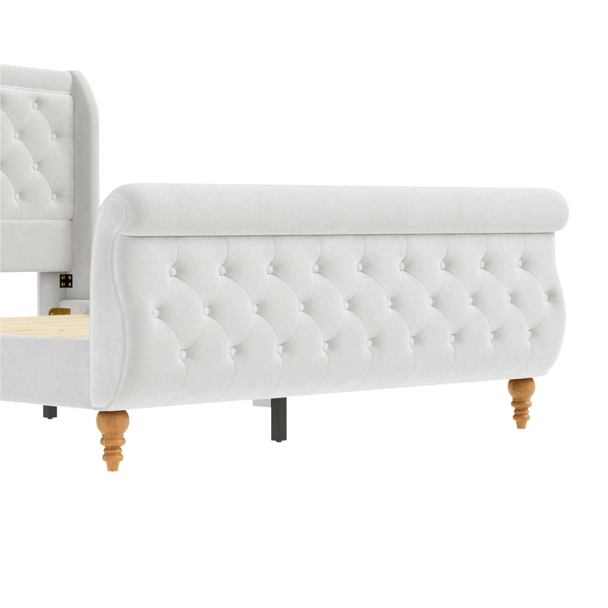 Euroco Velvet Upholstery Queen Size Platform Bed, Button Tufted Sleigh Bed Frame, No Box Spring Needed, Beige