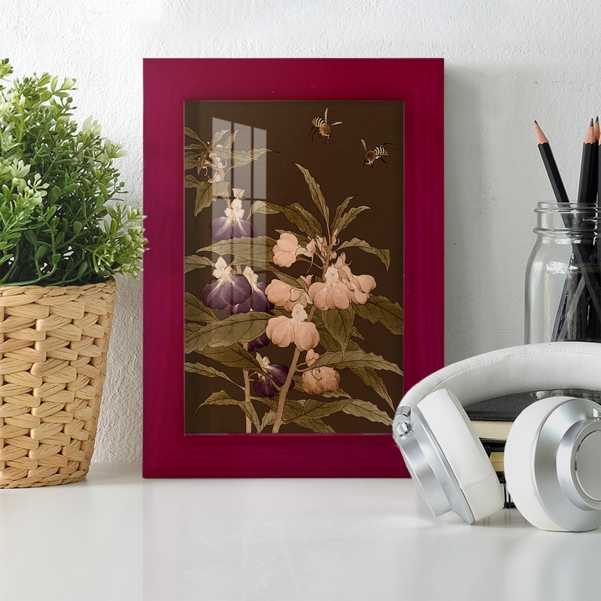 Asian Brocade IV - Framed Print w/glass - Cherry Red