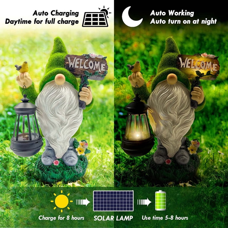 Nain De Jardin Solaire Avec Lumière - 28 Cm (11 Pouces), Résine, Arrosage, Décoration Pelouse Ou Intérieur