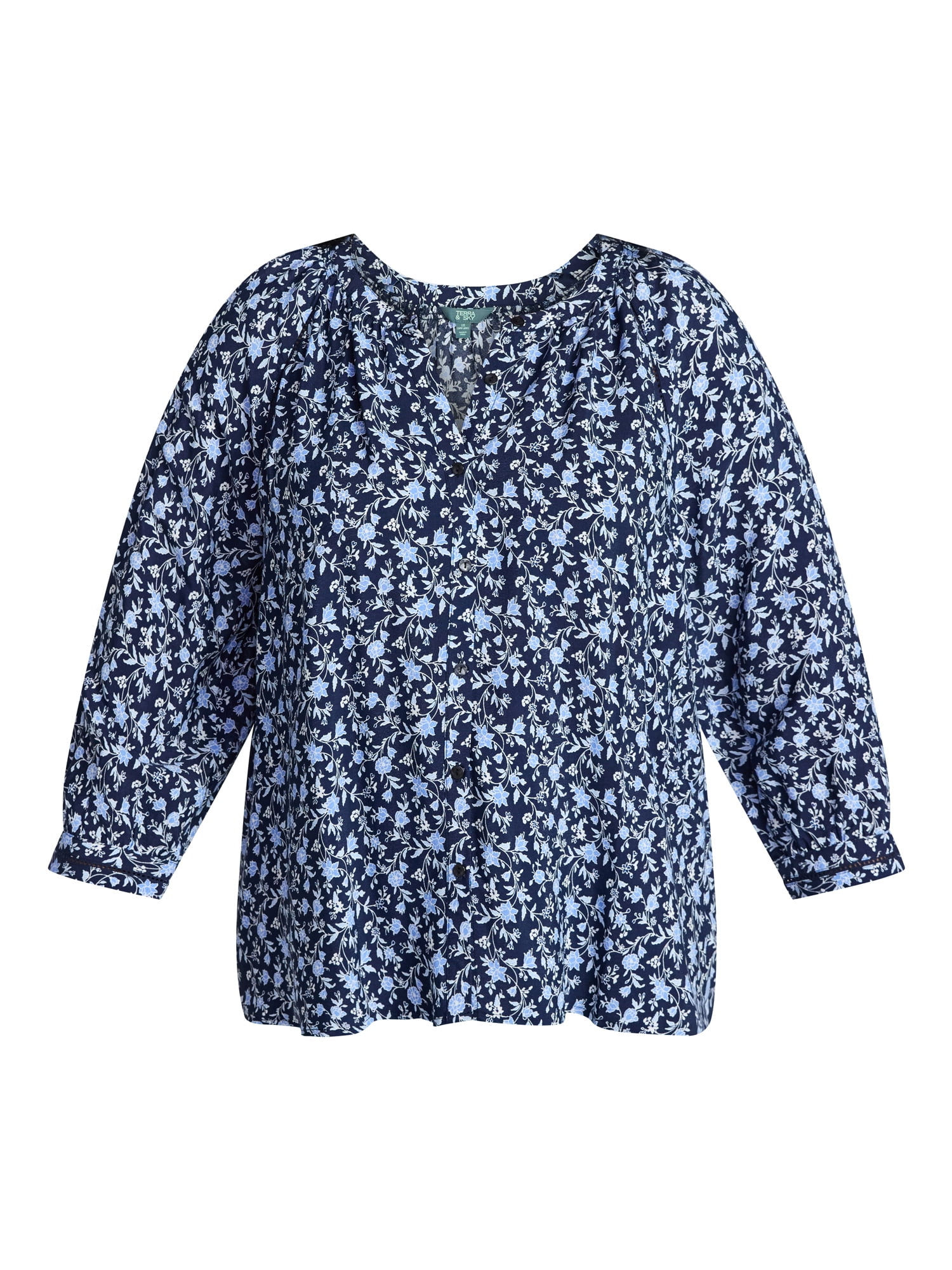 Terra & Sky Women's Plus Size Button Blouse with 3/4-Length Sleeves, Sizes 0X-5X