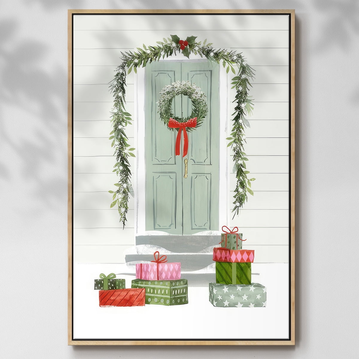 Festive Front Door Collection B - Framed Gallery Wrapped Holiday Canvas - 17 x 25 - Natural Wood Frame