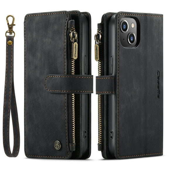 Flip Folio Case for iPhone 14, Retro PU Leather Surface Zipper Wallet [Card Slot & Cash Pocket] Kickstand All-around Shockproof Full Body Protective Magnetic Case for iPhone 14, Black