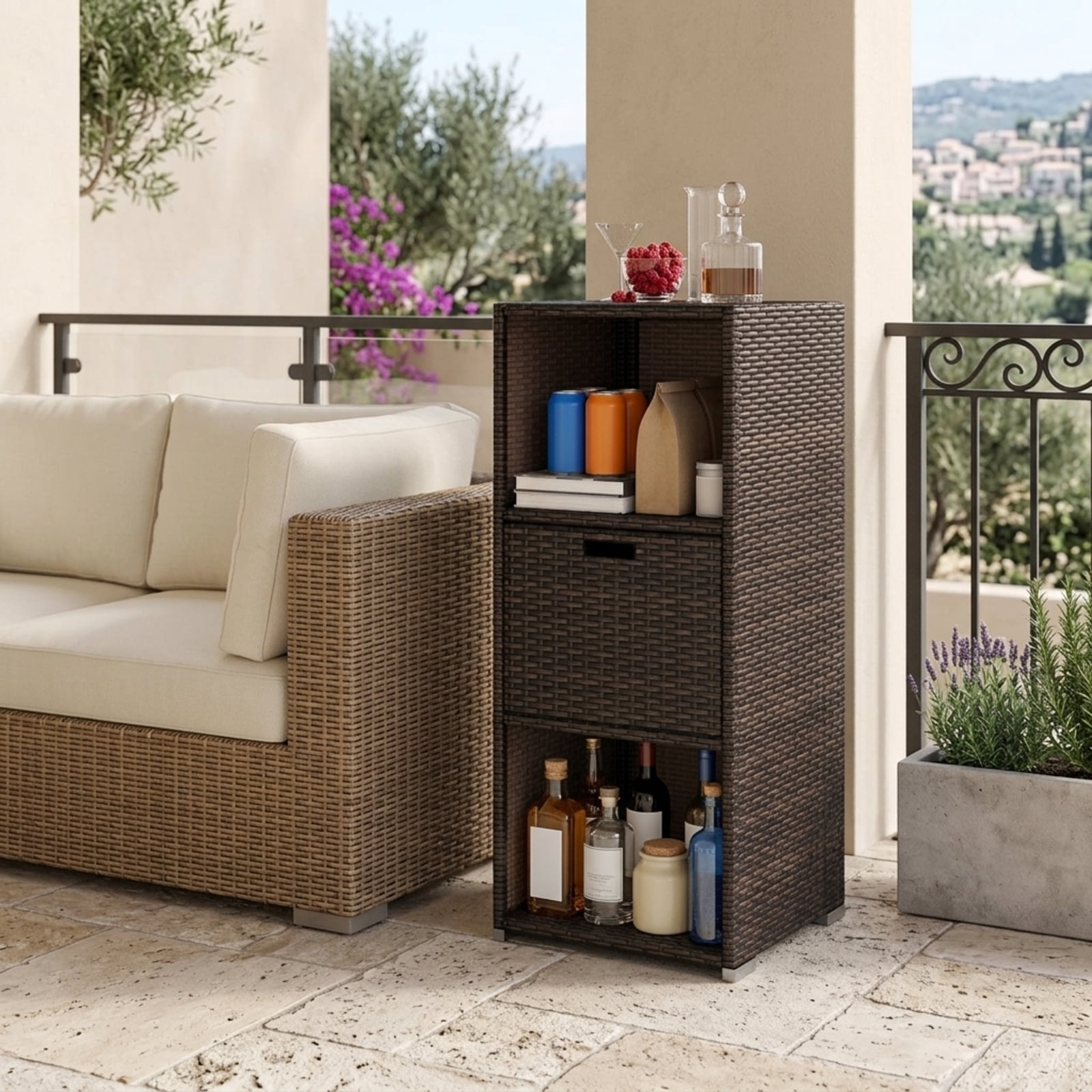 Biotree Outdoor Storage Cabinet with Drawer and 3 Shelves for Patio Porch Poolside Backyard, Brown