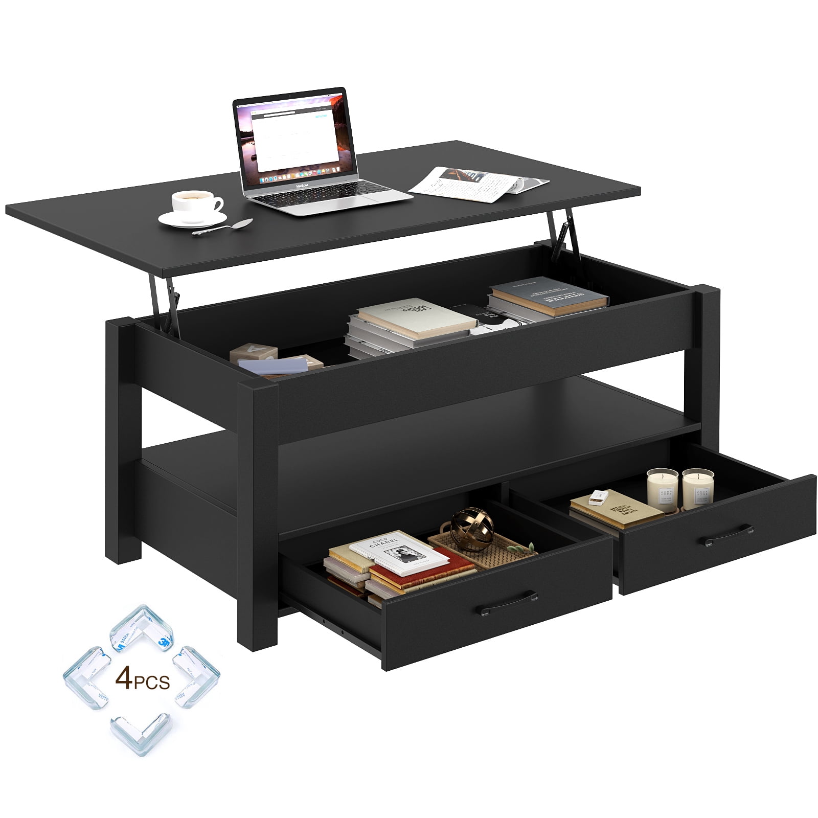 Greenstell Coffee Table, 41.7" Lift Top Coffee Table with Drawers and Hidden Compartment, Black