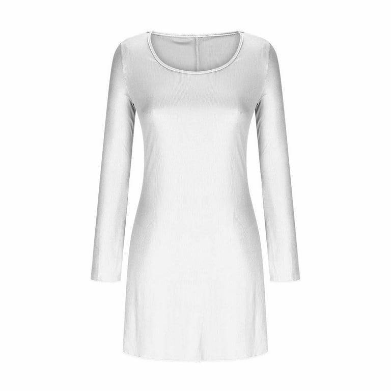 Vekdone Women Cocktail Bodycon Mini Dress Trendy Bell Long Sleeve Ruffle Hem Short Dresses Solid Color Slim Fit Club Party Dresses White M, Women's,