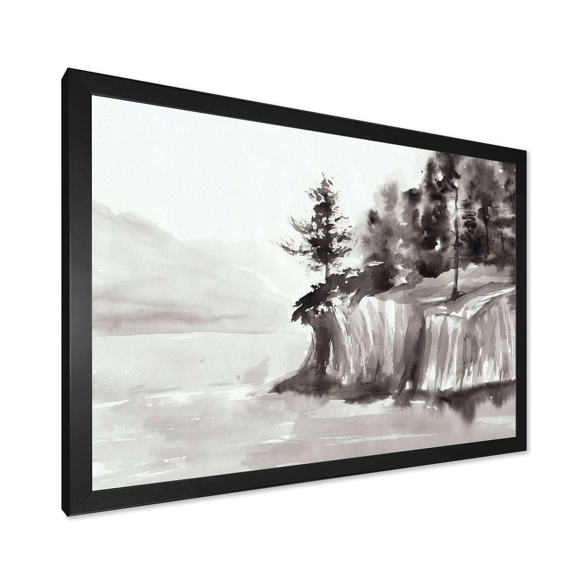 Designart 'Black & White Cliffs By The Lake' Nautical & Coastal Framed Art Print