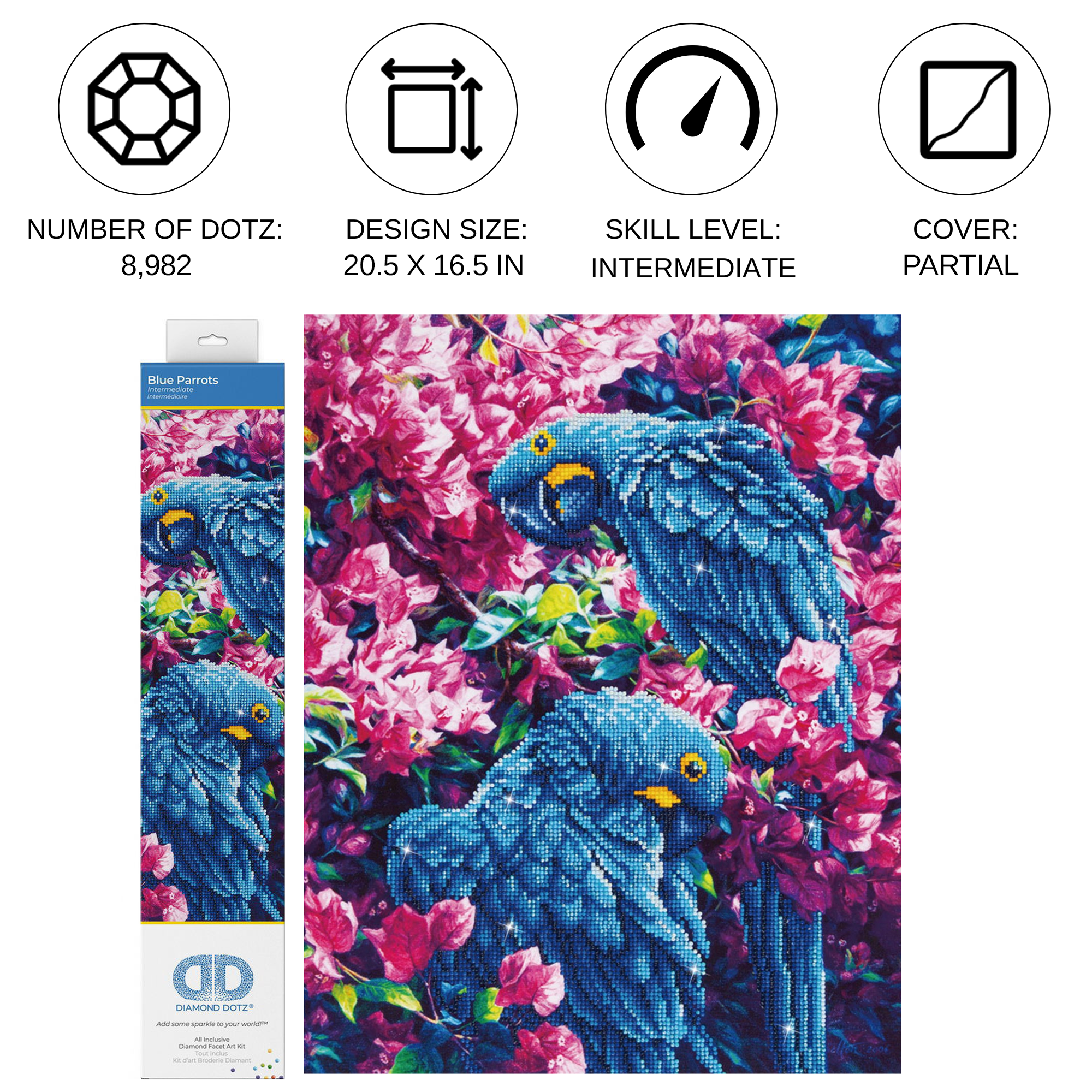 Diamond Dotz Blue Parrots Animal Diamond Painting Kits for Adults - Diamond Art Kits a Relaxing Creative Craft Kit with Dotz Gems 20"x16"