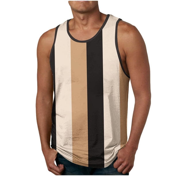 Camiseta sin mangas de cuello redondo para hombre, ropa de ocio, fitness, para el hogar, pijamas, camiseta con estampado de rayas de moda a color, blusa deportiva de poliéster para hombre