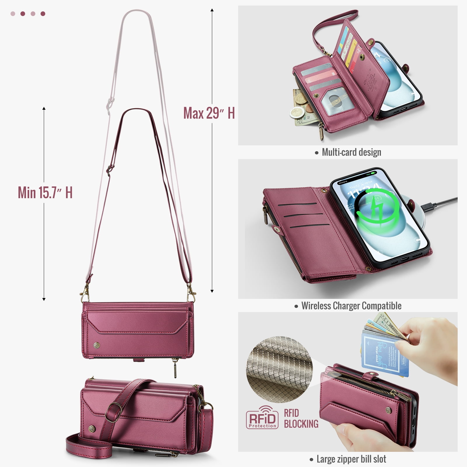 for iPhone 14 Plus Full Body Protection Wallet Folio Flip Case, Shoulder Strap & Wristlet Card Slots Zipper Pocket RFID Blocking Rugged Durable PU Leather Phone Case Cover, Winered